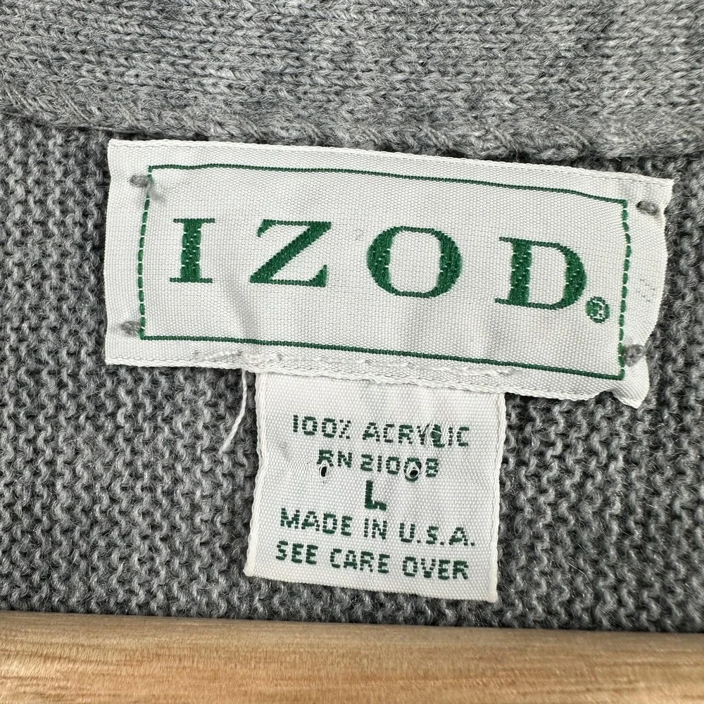 Vintage IZOD Sweater Mens‎ Large Gray Acrylic Cardigan Made USA V Neck Logo